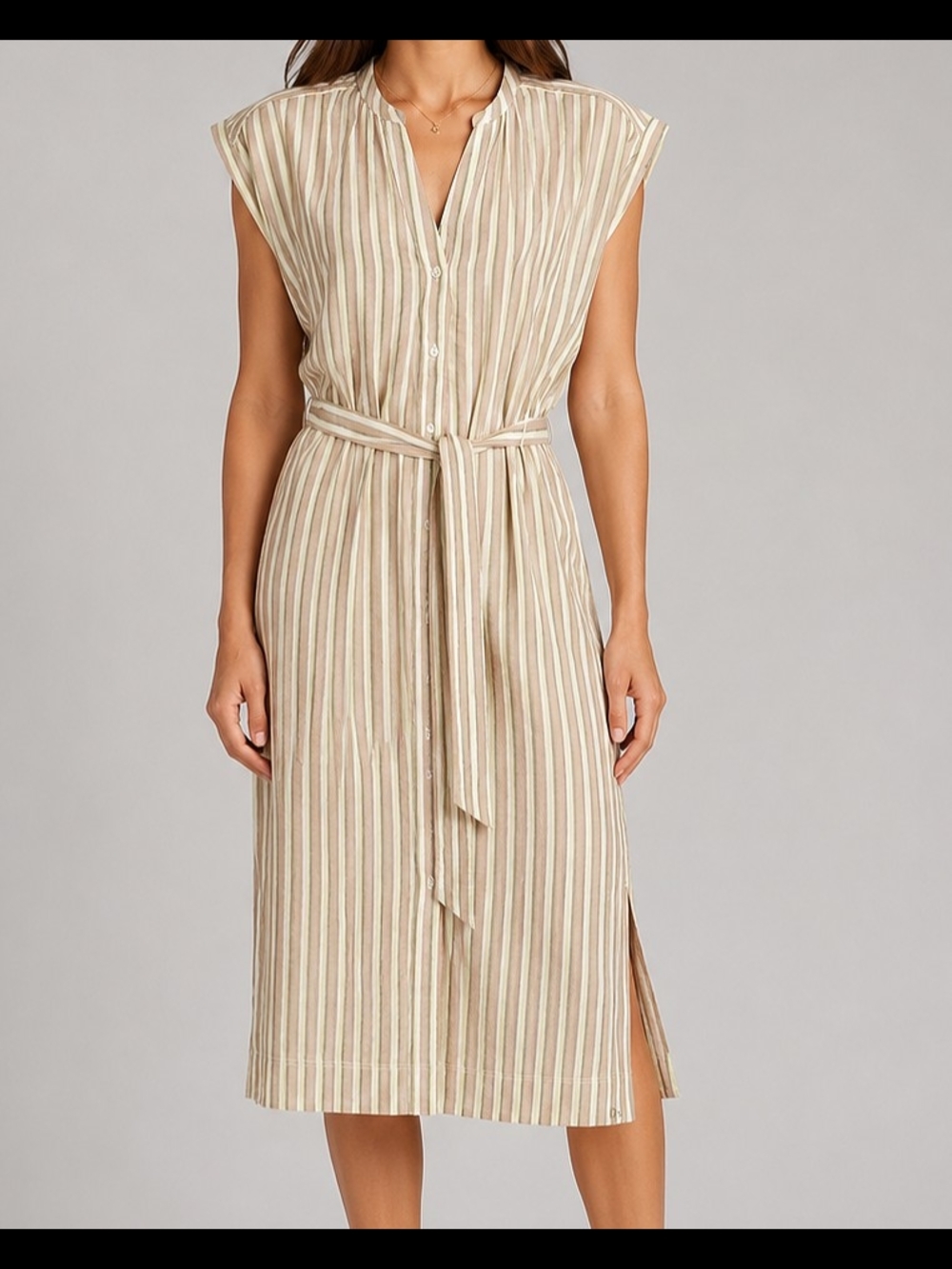 Free Assembly Womens Sleeveless Beige Stripe Tie-Waist Midi Dress Size S